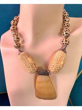Melanie Chinese Ball Shell Carved Pendant 20” Necklace Ethnic Bohemian